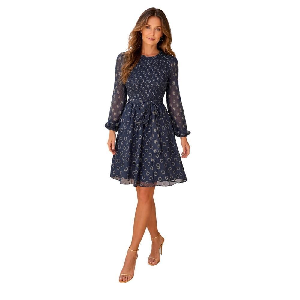 SHOSHANNA Women's Silk & Metallic Long Sleeve Belted Mini Dress Blue Size 10